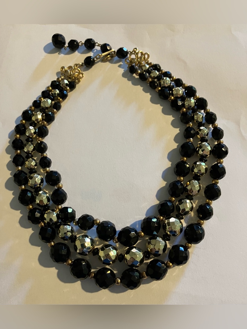 PRISTINE VTG Signed Schiaparelli 3-Strand Metallic & Black Jet Glass Necklace